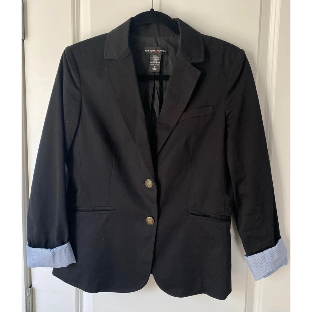 New York & Company Nautical Black Blazer Blue Pinstripe Cuffs Women’s Size 10